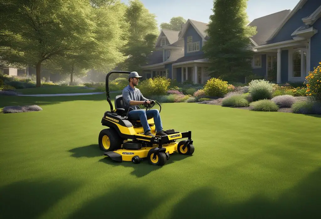 A person easily maneuvers a Cub Cadet and John Deere zero turn mowers in a spacious, obstacle-free lawn