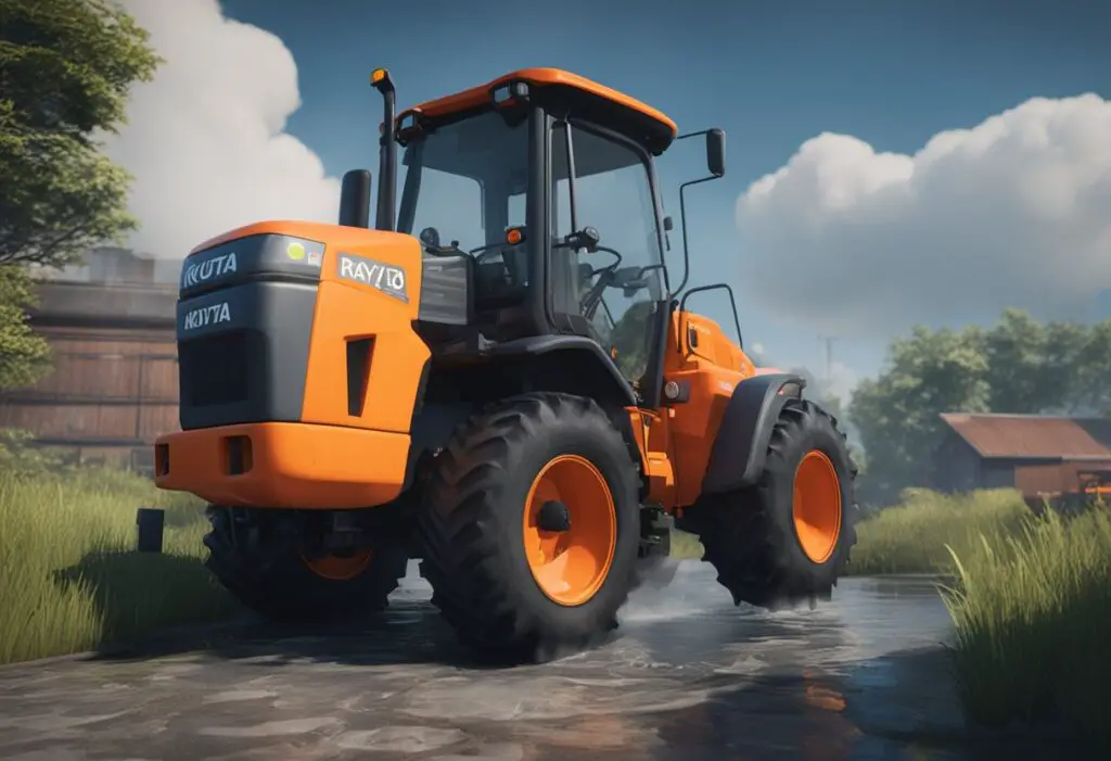 The Kubota GR2120 sits idle, emitting smoke from its engine. A puddle of oil forms beneath, indicating a potential mechanical issue