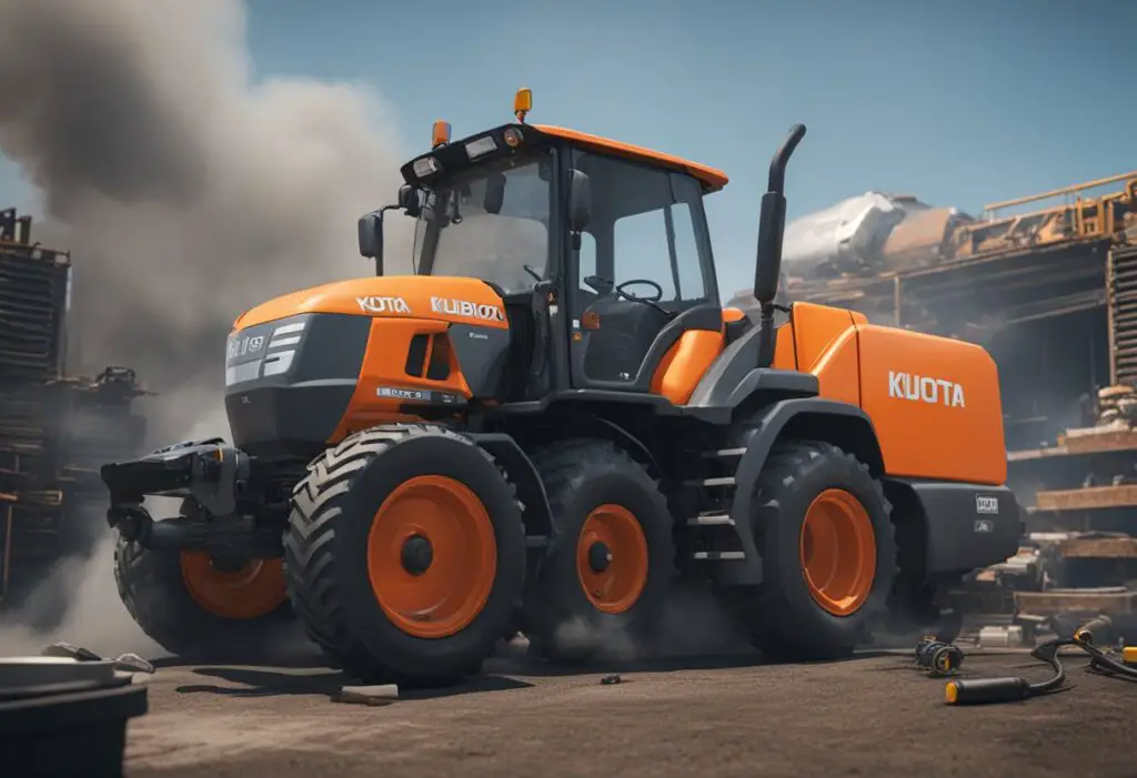 The Kubota GR2120 sits idle, smoke billowing from its engine. A puzzled mechanic examines the transmission, surrounded by scattered tools and parts