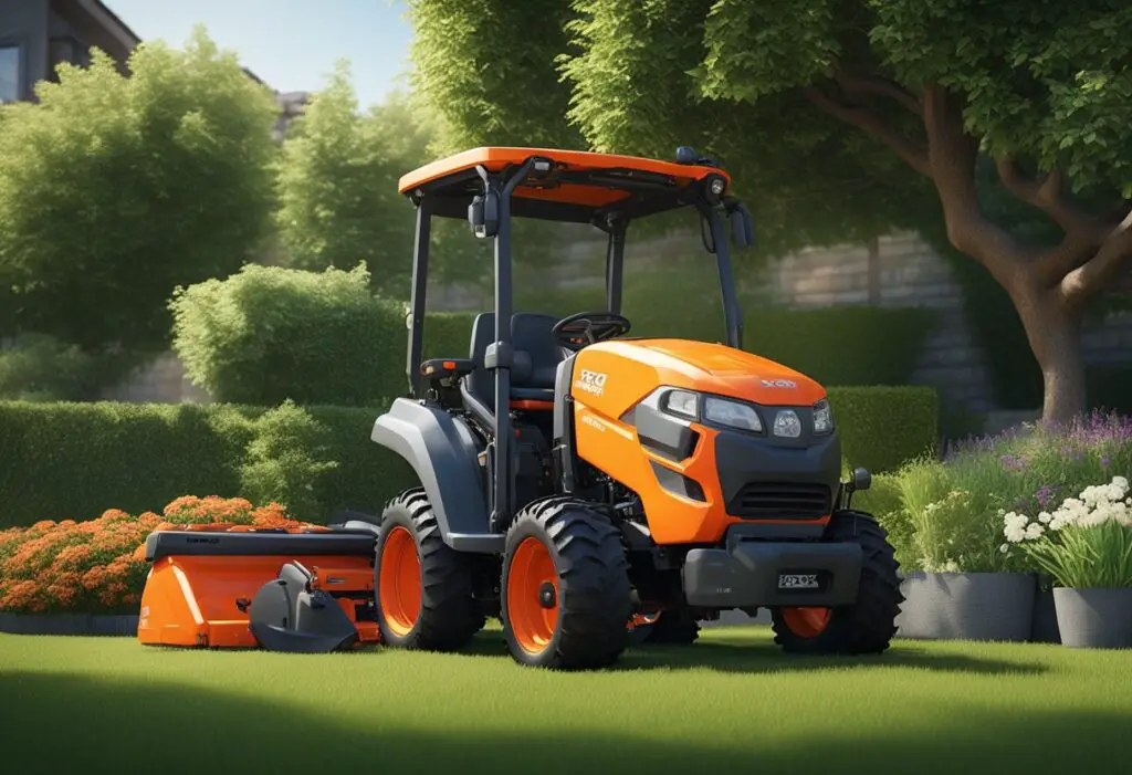 The Kubota GR2120 is parked in a well-maintained garden. The grass is neatly cut, and the machine is surrounded by various gardening tools and equipment