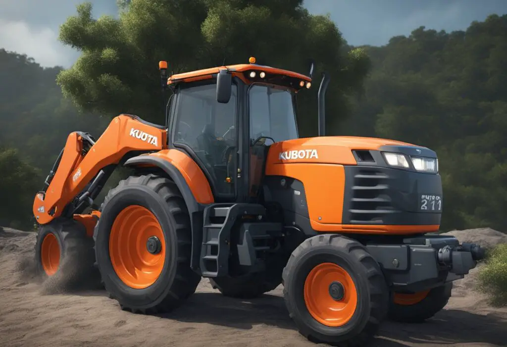 The Kubota GR2120 hydraulic and PTO systems are malfunctioning. Leaking fluid and damaged components are visible