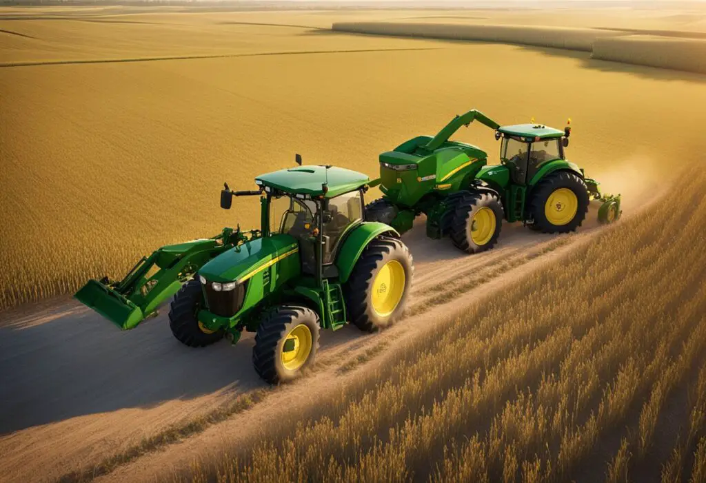 The John Deere E series and G series are positioned side by side in a vast open field, with the sun setting behind them, casting long shadows across the golden landscape