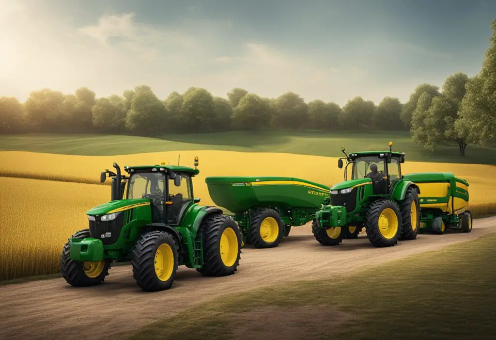 A lineup of John Deere E Series and G Series machines in a spacious outdoor setting, showcasing their sleek design and powerful presence
