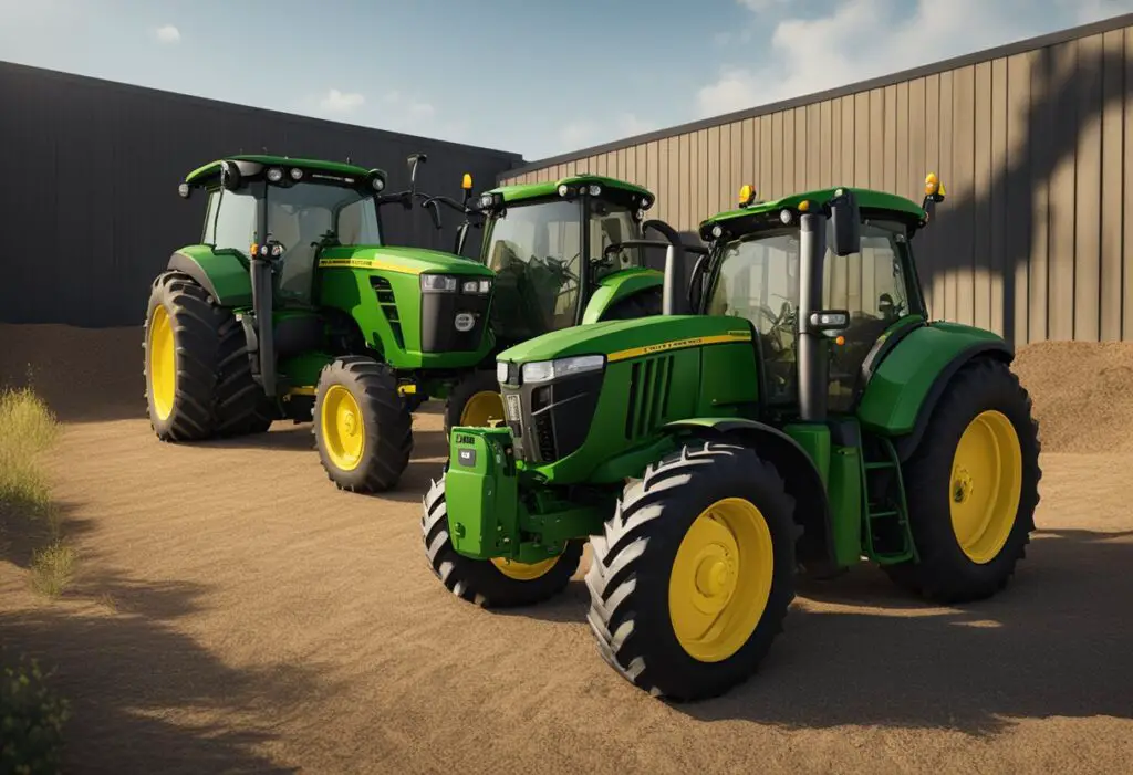The John Deere E series and G series are side by side, showcasing their technical specifications. The E series is highlighted with a green color scheme, while the G series is depicted in yellow