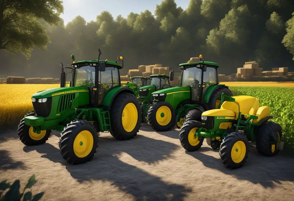 The scene depicts two sets of John Deere tractors, the E series and G series, lined up side by side in a comparison display
