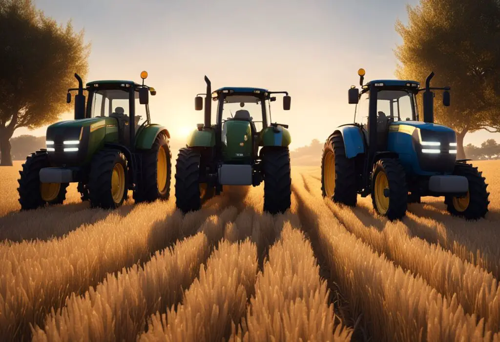 Two tractors face off in a field: the rugged D series and the sleek S series. The sun sets behind them, casting long shadows on the golden wheat