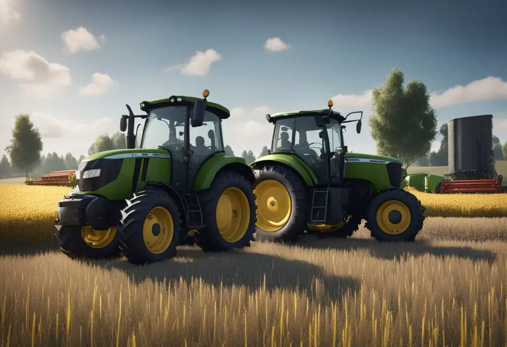 Two tractors, D Series and S Series, side by side in a field. The D Series has a smaller frame and simpler design, while the S Series is larger and more advanced in appearance