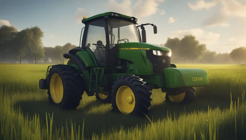 The fuel gauge on the John Deere 3032e reads empty as the engine sputters and stalls in a field of tall grass