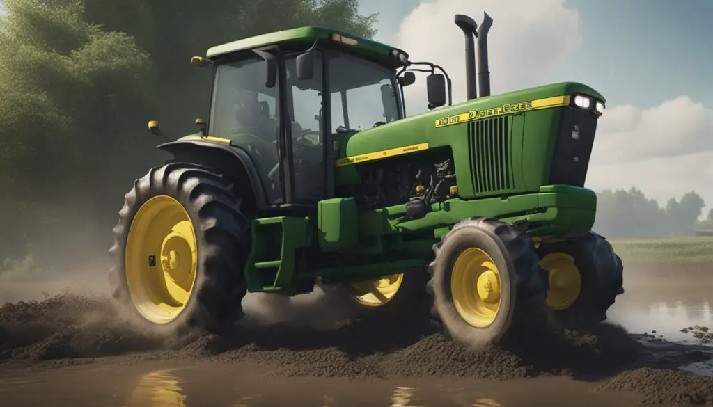 The John Deere 3025E tractor sits idle in a muddy field, with smoke billowing from its engine. The front wheels are stuck, and the farmer looks frustrated
