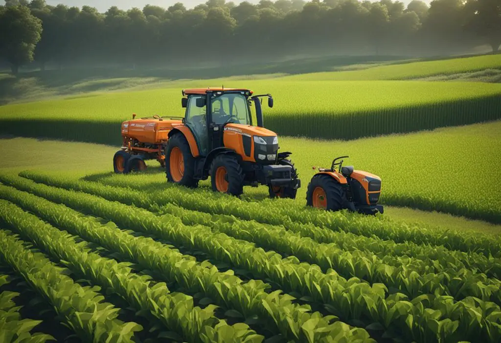 A Kubota tractor and a John Deere tractor facing each other in a field, showcasing the history and brand overview of the two agricultural equipment companies