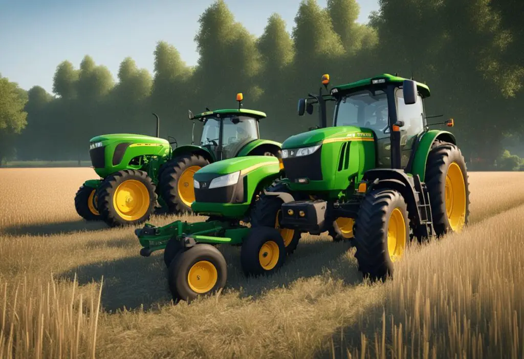 Two tractors, Kubota and John Deere, in a field. Kubota has a compact design, while John Deere is larger with more prominent features