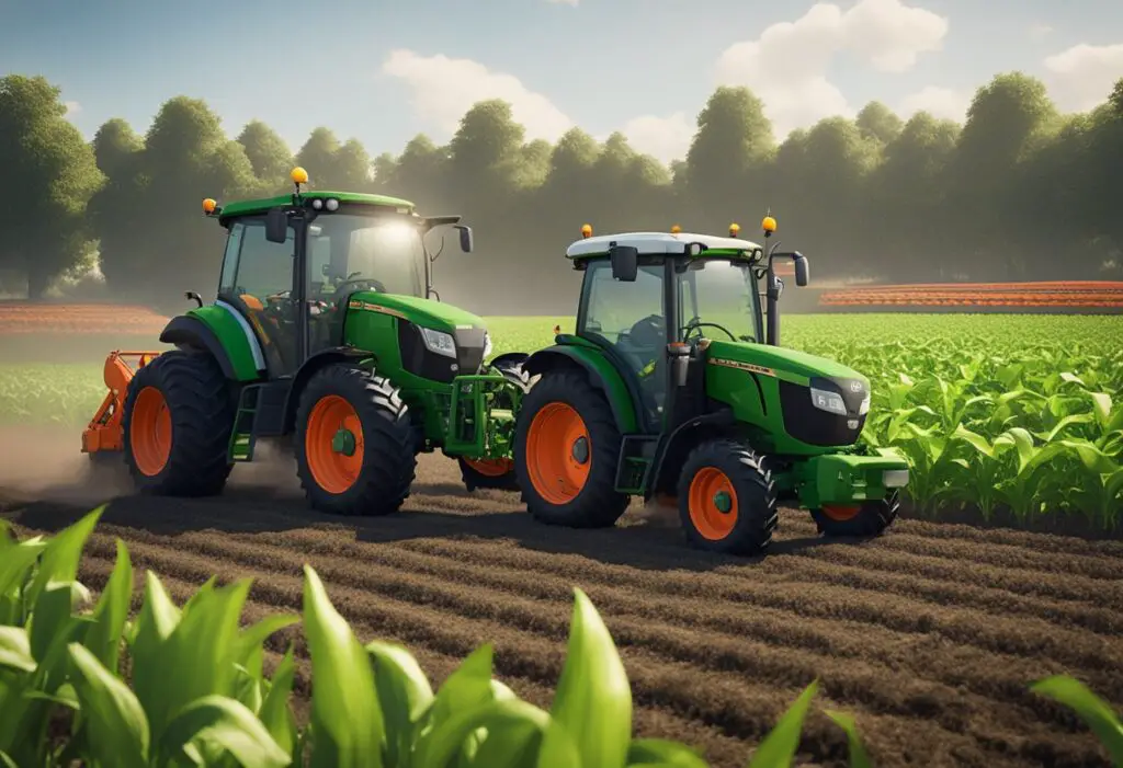A Kubota tractor and a John Deere tractor are working side by side in a large agricultural field, each demonstrating their unique features and capabilities