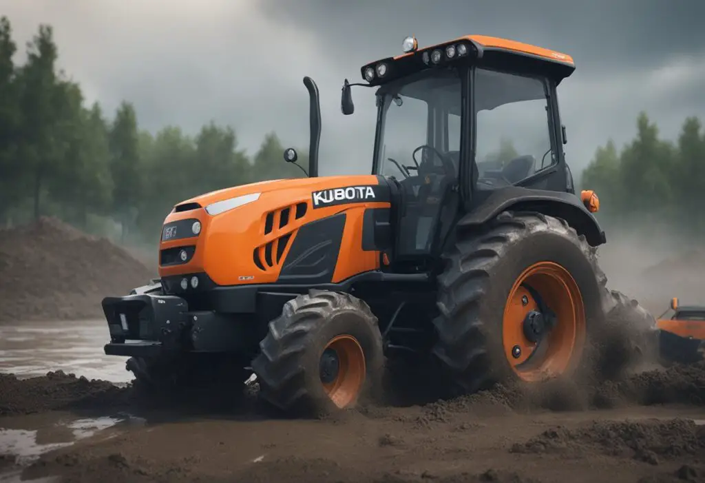 The Kubota KX040-4 is stuck in mud, with smoke coming from the engine. The hydraulic system is leaking fluid and the tracks are off-balance
