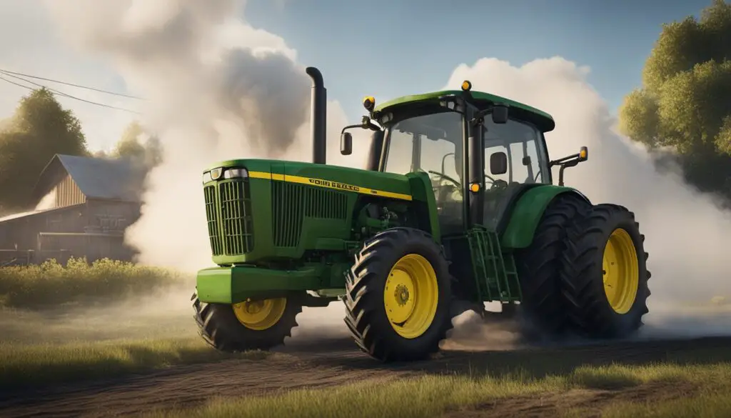 The John Deere 3025e tractor sits idle, with a cloud of smoke rising from its engine. A puddle of oil forms beneath the machine, indicating a potential mechanical issue
