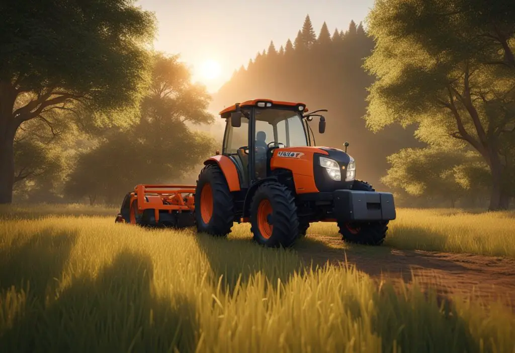 The Kubota L4060 Series tractor is parked in a field, surrounded by tall grass and trees. The sun is setting, casting a warm glow over the landscape