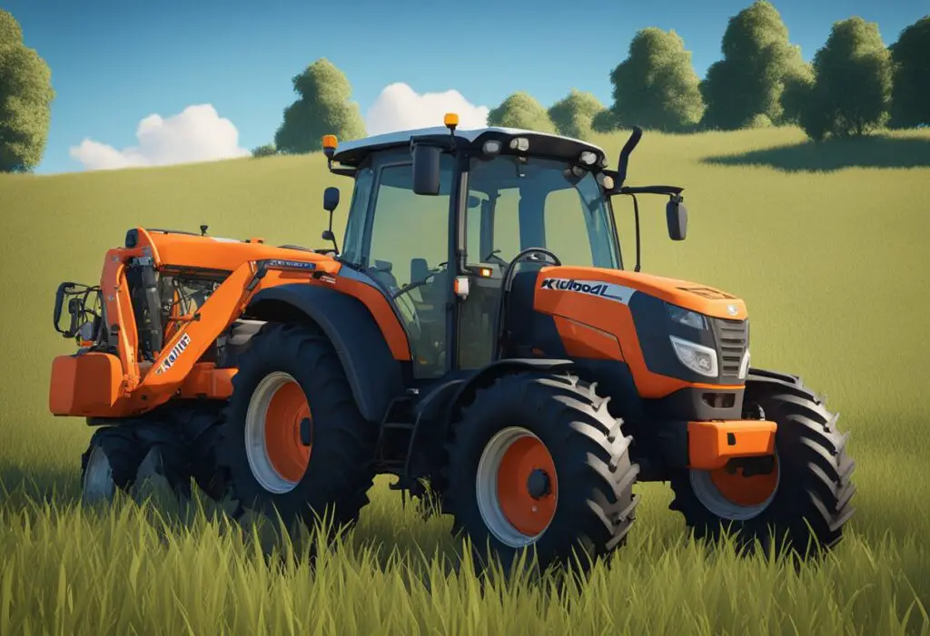 The Kubota L4060 tractor sits in a field, surrounded by tall grass and under a clear blue sky. The engine is off, and there are no visible signs of damage or issues