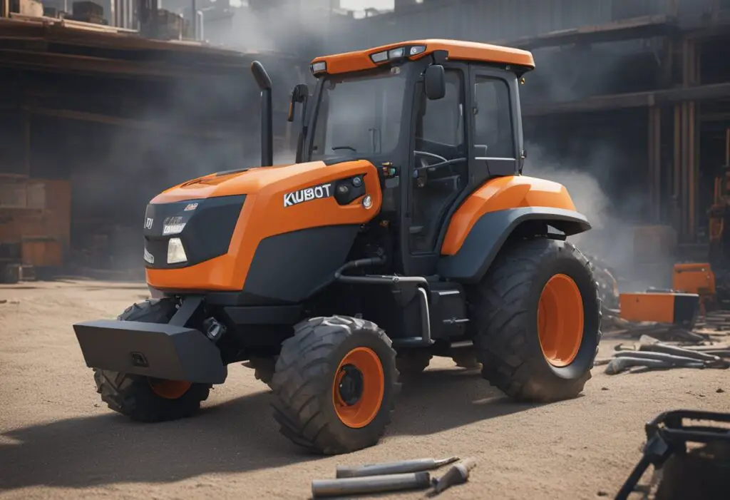 The Kubota BX2200 sits idle, smoke billowing from its engine, surrounded by scattered tools and a frustrated mechanic