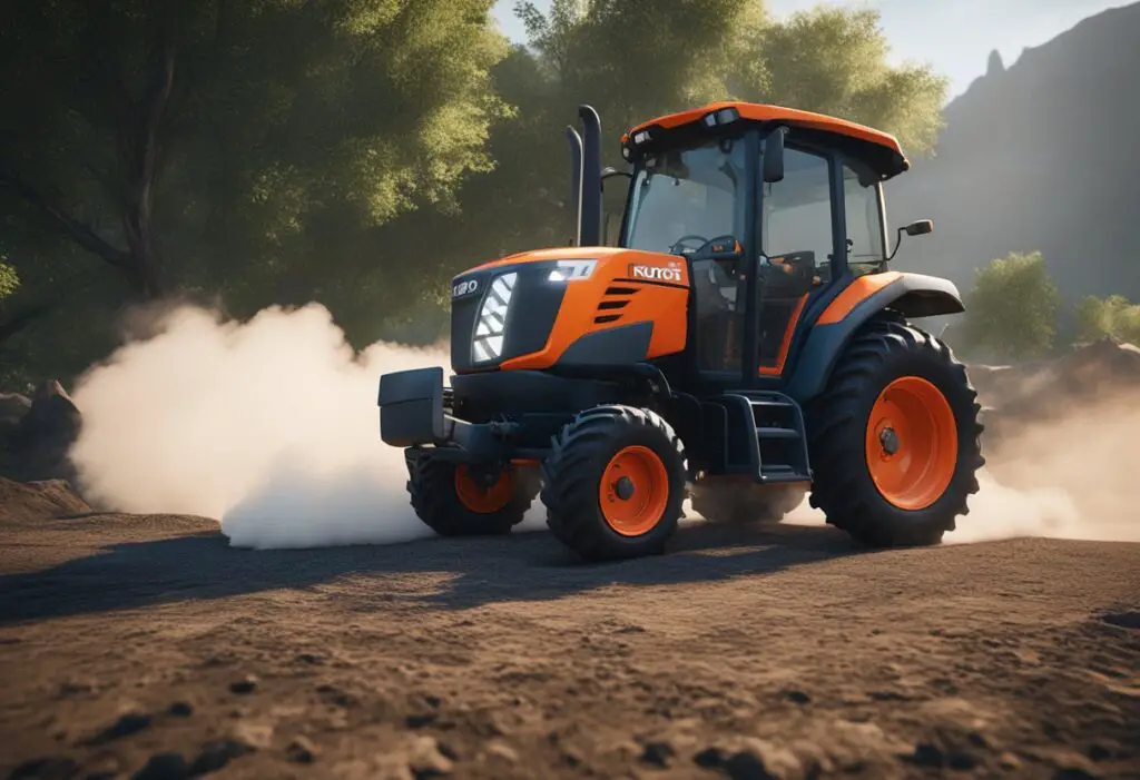 The Kubota BX2200 tractor sits idle, with smoke billowing from its engine as it struggles with transmission problems