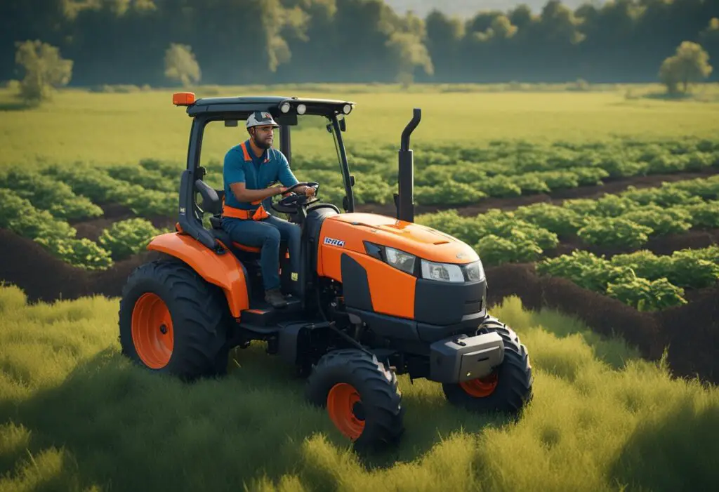 A Kubota BX2200 tractor is parked in a field with a technician inspecting the engine. Tools and diagnostic equipment are scattered around