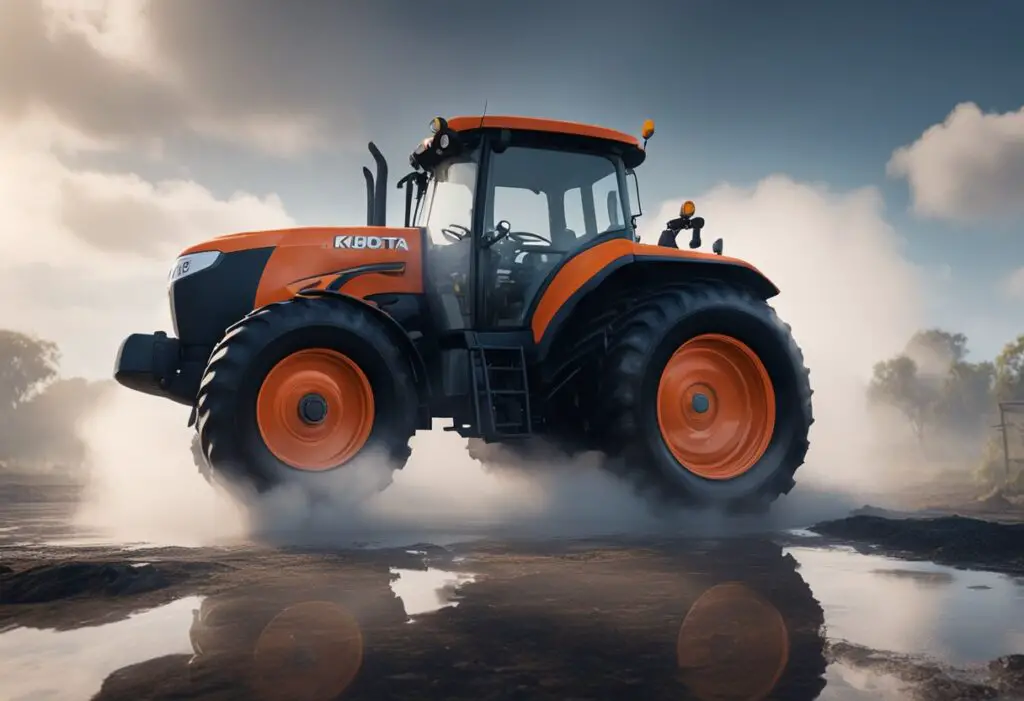 The Kubota L4701 tractor sits idle, surrounded by a cloud of smoke, with a puddle of leaked oil underneath