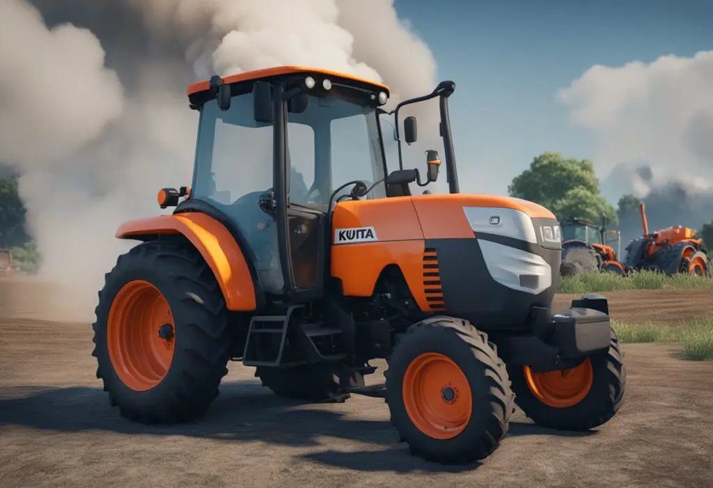 The Kubota L4701 tractor sits idle, with a visible fuel leak and air intake blockage. Smoke billows from the engine, indicating a problem with the fuel and air system