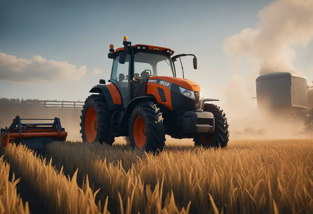 The Kubota M7060 tractor sits idle in a field, smoke billowing from its engine, with a frustrated farmer standing nearby