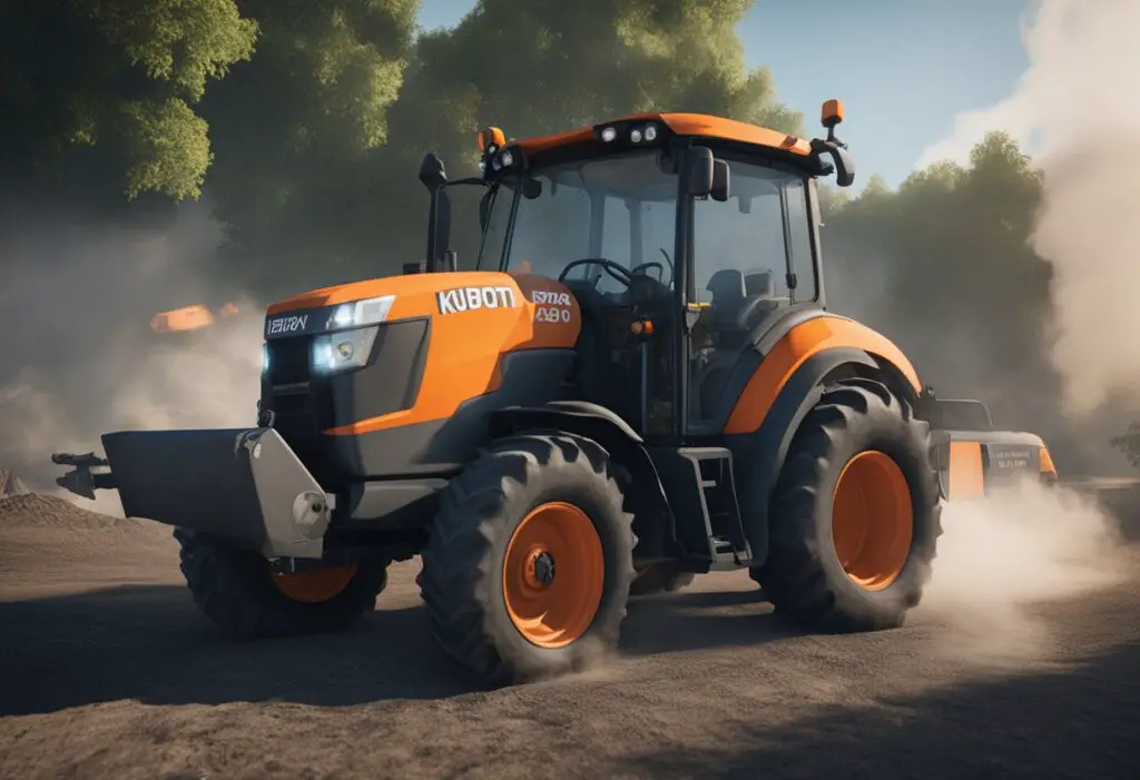 The Kubota M7060 sits idle, with smoke rising from its engine. The battery is dead, and electrical issues are evident