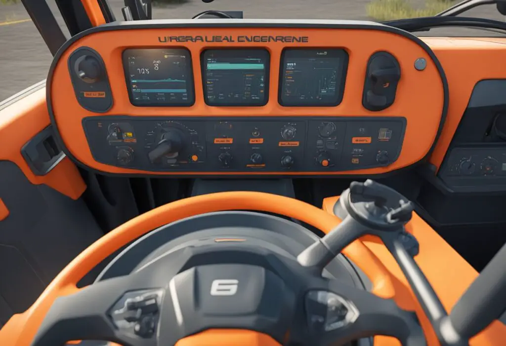 The Kubota M7060's steering system and handling issues are depicted through a close-up illustration of the control panel and wheel, with visible signs of wear and malfunction