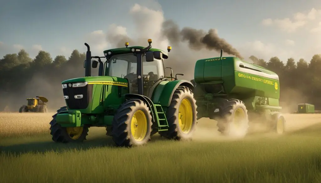 The John Deere 3025e tractor sits in a field, smoke billowing from its engine. A mechanic examines the exposed components, pointing to a specific issue