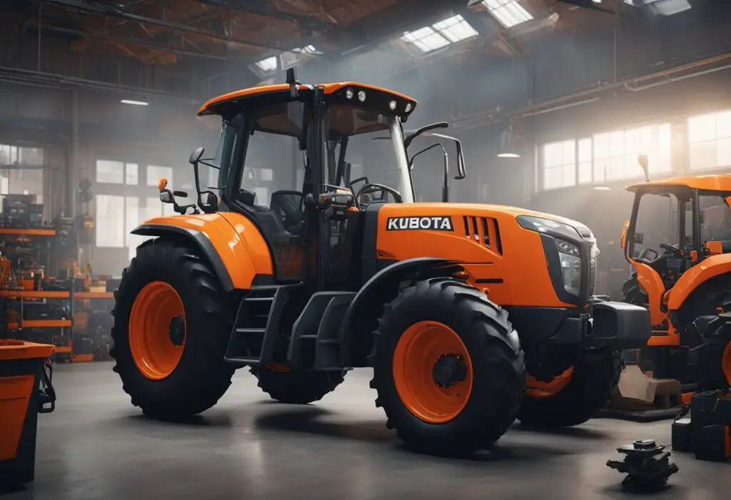 The Kubota M7060 tractor sits in a workshop, surrounded by tools and parts. A mechanic inspects the engine, while another works on the wheels