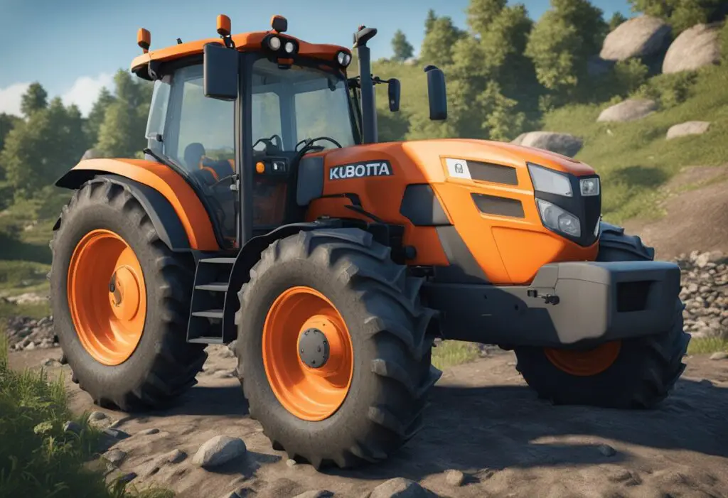 The Kubota M7060 tractor shows signs of structural wear and tear, with visible problems in its physical integrity
