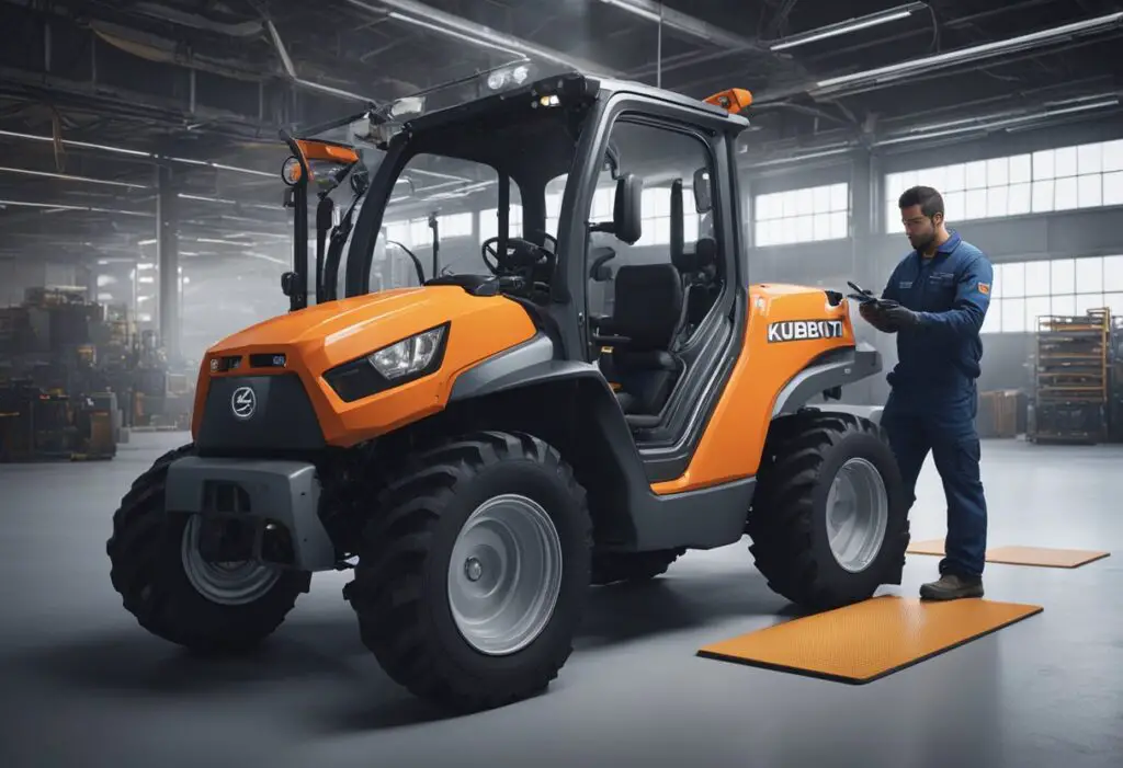 A Kubota Sidekick undergoing maintenance with tools and a technician inspecting the engine for problems