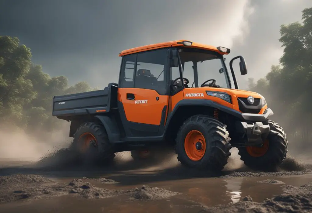 The Kubota Sidekick is stuck in mud, with smoke coming from the engine. The driver looks frustrated, trying to figure out the problem