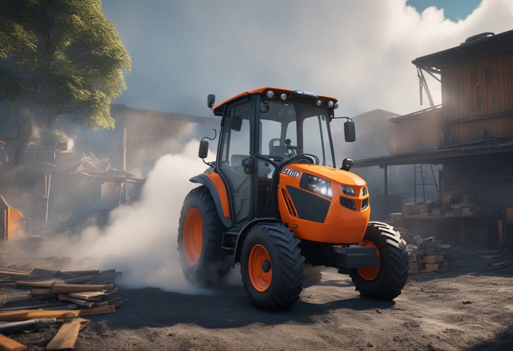 The Kubota B2601 sits idle with a cloud of smoke rising from its engine, surrounded by scattered tools and a frustrated operator