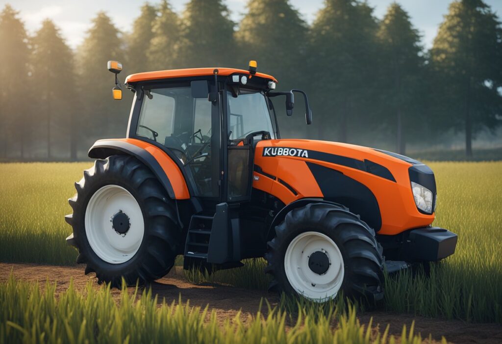 A Kubota B2601 tractor parked in a field, with the engine running and the front loader raised, ready for work