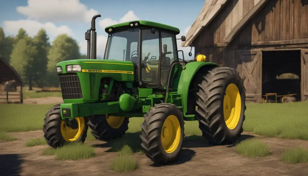 A John Deere 3025e tractor sits in a well-maintained barn with tools and maintenance equipment nearby. The tractor shows signs of wear and tear, with visible problem areas that need attention