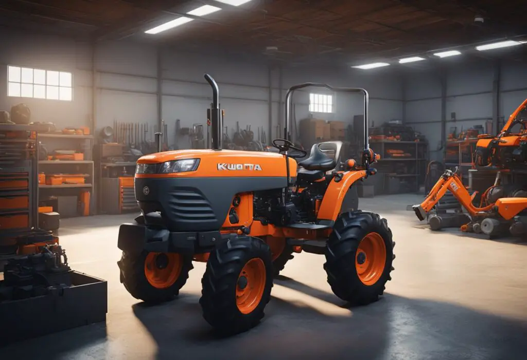 The Kubota B2601 tractor sits in a well-lit maintenance garage, surrounded by tools and spare parts. A mechanic inspects the engine, while a maintenance manual lays open on a nearby workbench