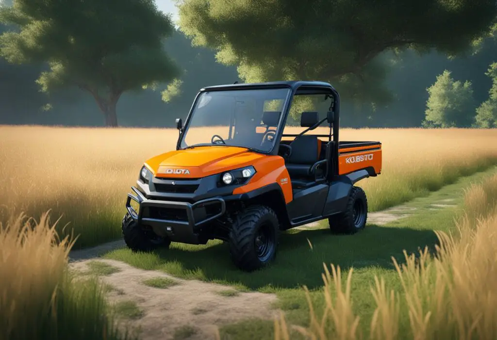 The Kubota RTV X1140 is parked in a field, surrounded by tall grass and trees. Its front end is slightly tilted, and there is a small puddle of oil underneath