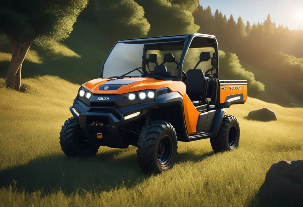 The Kubota RTV-X1140 is parked in a grassy field, surrounded by rugged terrain. The sun is shining, casting a warm glow on the vehicle