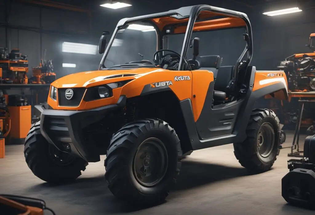A Kubota RTV X1140 parked in a mechanic's workshop, with tools and diagnostic equipment scattered around. A technician is examining the engine and transmission components for potential issues