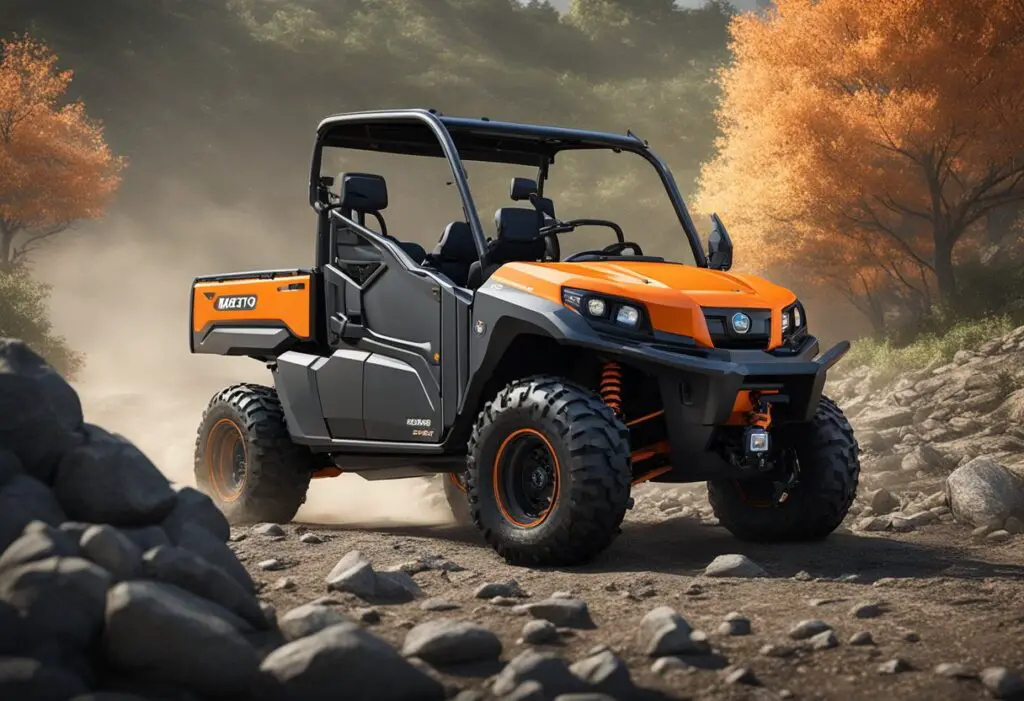 The Kubota RTV X1140 is parked in a rugged, off-road setting. Its customizable features and enhancements are highlighted, with attention to detail on its mechanical components
