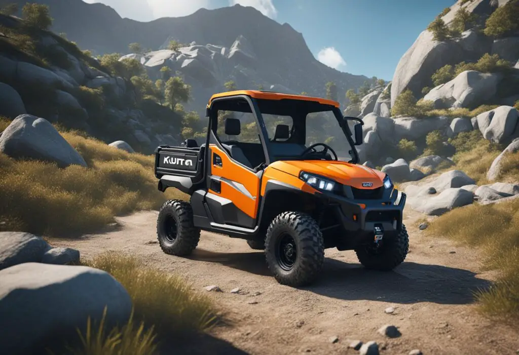 The Kubota RTV X1140 is parked in a rugged terrain, with a mechanic inspecting the engine. Tools and spare parts are scattered around