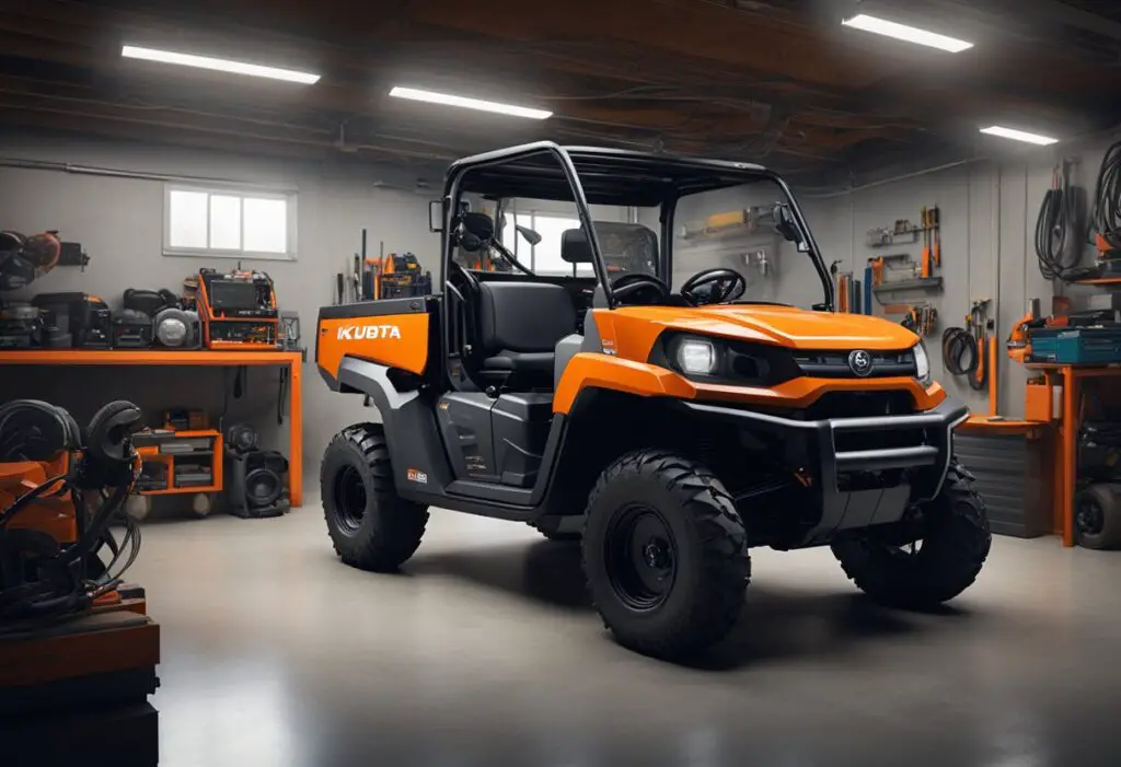 The Kubota RTV X1140 sits in a garage, surrounded by tools and diagnostic equipment. A mechanic examines the engine, while a computer screen displays a list of frequently asked questions about common problems