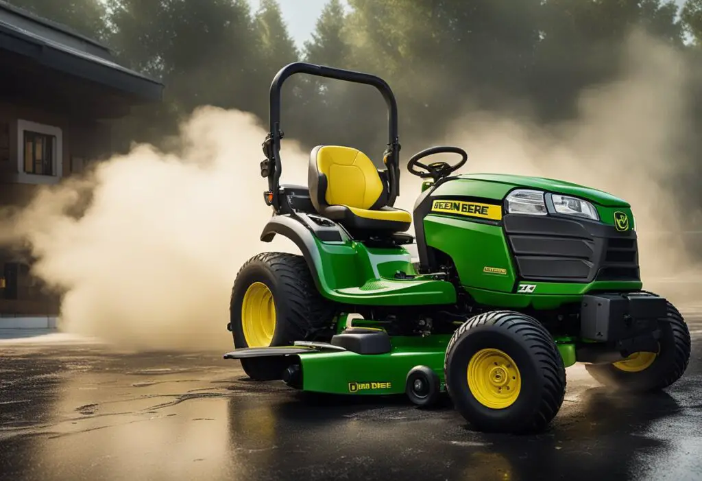 The John Deere z425 sits idle, smoke billowing from its engine. Wires dangle from the exposed electrical system, and a puddle of fuel forms beneath the mower