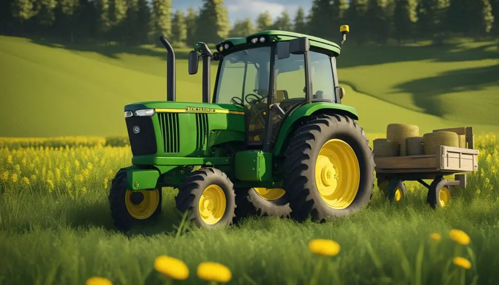 A John Deere 3025e tractor sits idle in a field, surrounded by tools and spare parts. The engine hood is open, and a mechanic appears to be inspecting the machine
