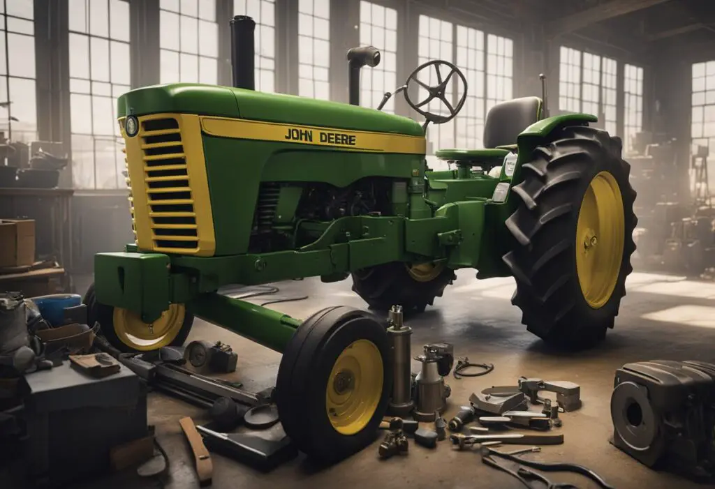 The John Deere Z425 sits idle, surrounded by tools and parts. A mechanic examines the engine, searching for signs of wear and tear
