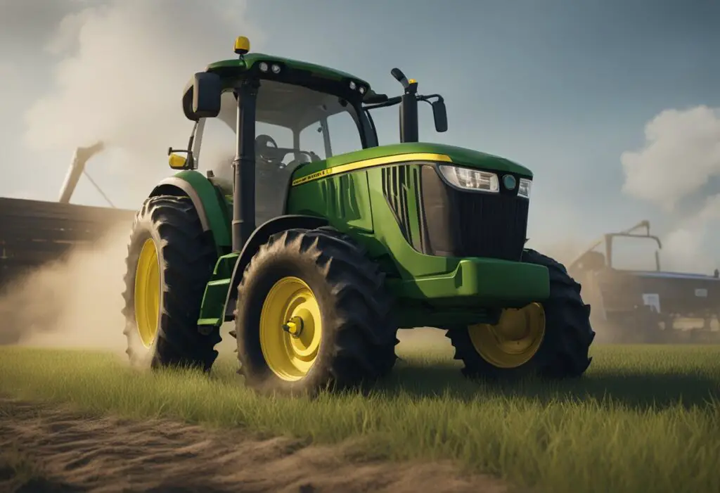 The John Deere Z425 sits idle, smoke billowing from the engine. Grass remains uncut, as the machine's wheels are stuck in the mud