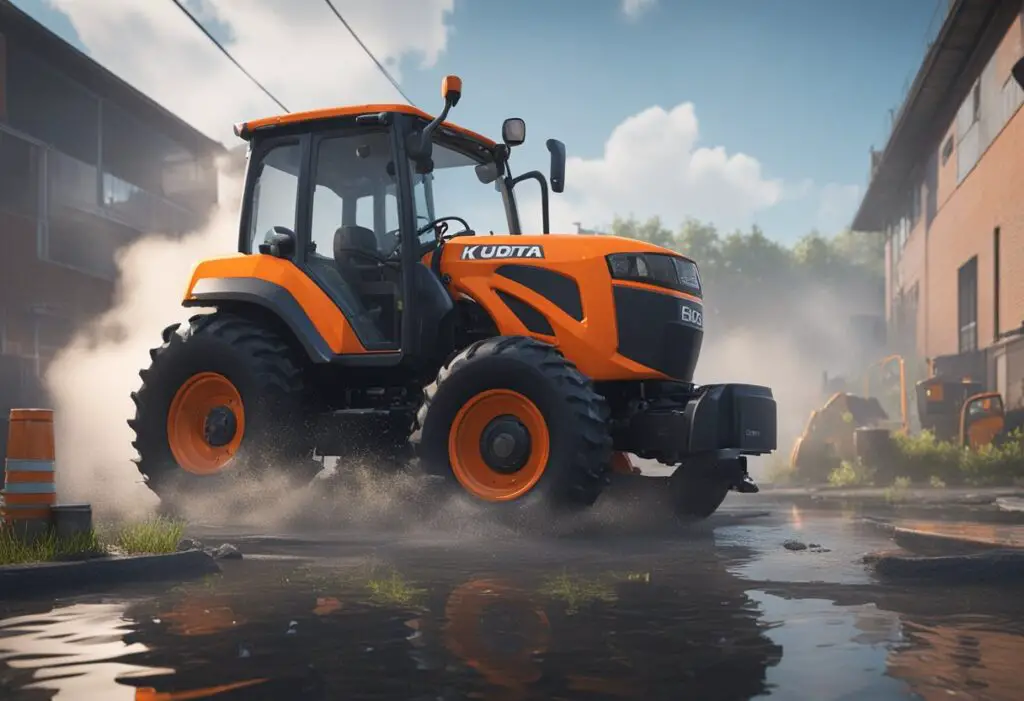 The Kubota BX2380 sits idle with smoke billowing from its engine, surrounded by a puddle of leaked oil and a collection of scattered tools