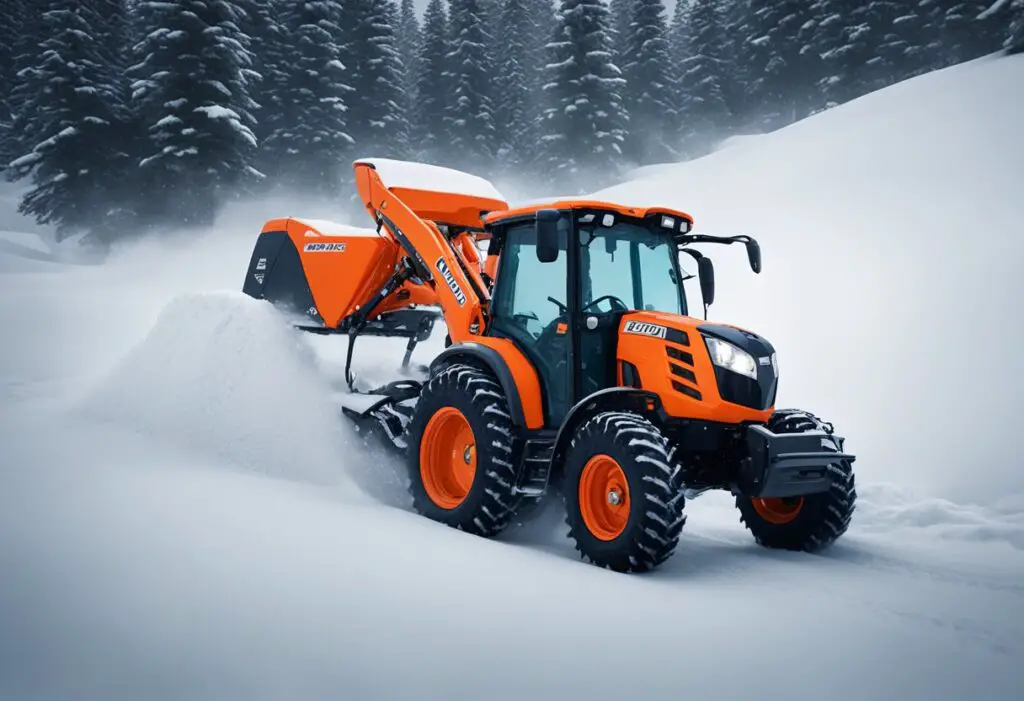 The Kubota BX2380 struggles to plow through deep snow, its wheels spinning and engine revving in frustration. The driver looks on, concerned about the tractor's ability to handle the harsh weather conditions