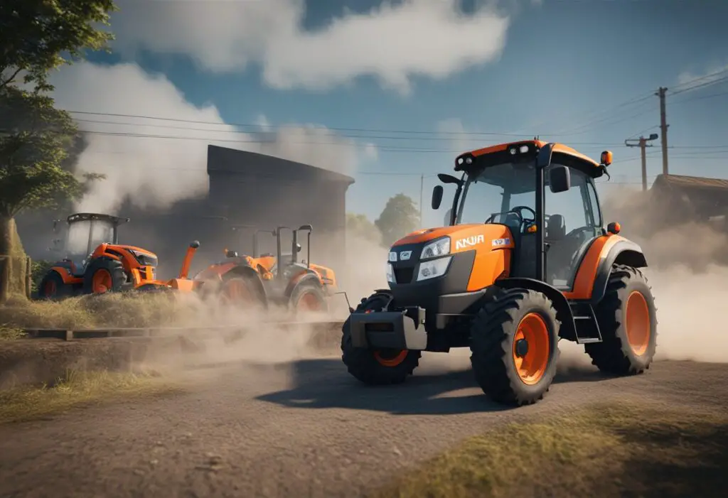 The Kubota BX23S tractor sits idle with smoke rising from its engine, while sparks fly from the electrical system, indicating potential problems